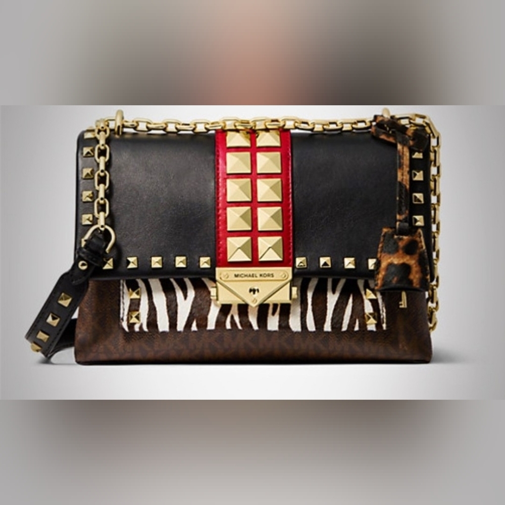 Michael Kors Cece Medium Logo Mixed-Media Convertible Black & Red Studded Bag - Picture 3 of 15